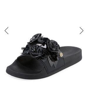 Tory Burch Black Blossom Flower Slide Sandals